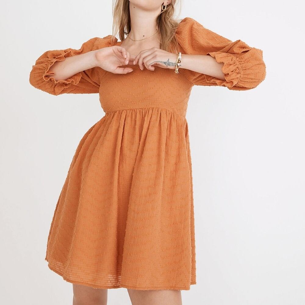 Madewell Puff-Sleeve Waisted Mini Dress in Mulled Cider